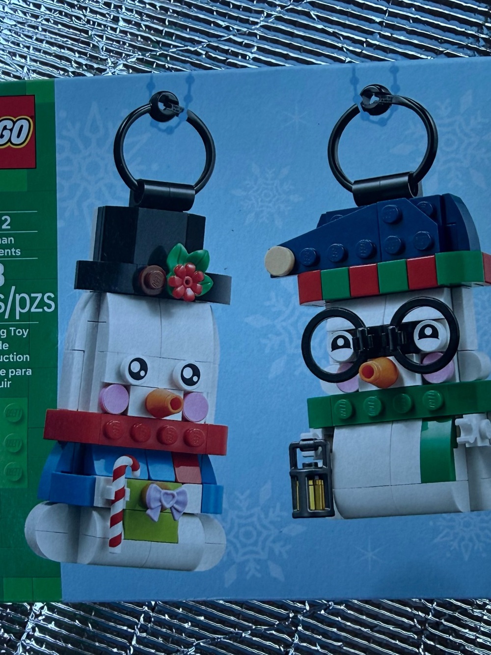 Lego White Snowman & Penguin Keychains with Red, Green, Blue Accents